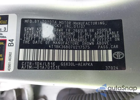 2007 Toyota Avalon Limited from USA, damaged, VIN 4T1BK36B07U217575